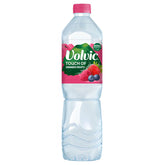 A 1.5L clear plastic bottle of Volvic Touch of Summer Fruits Flavoured Water with a pink cap and a berry-themed label.